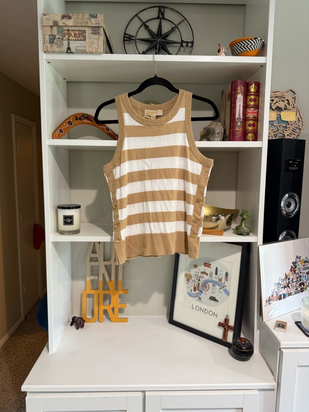Michael Kors Beige and White Striped Knit Tank Top